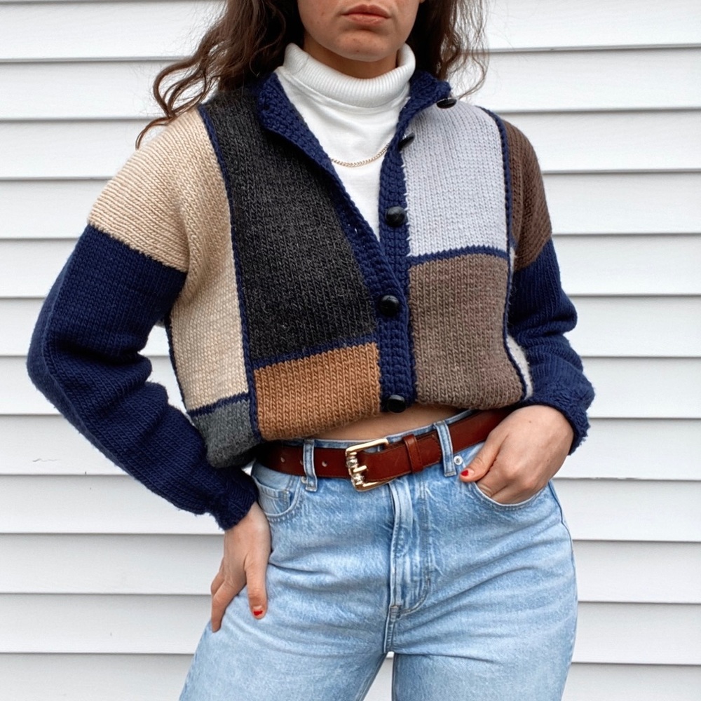 Vintage Color Block Button Up Knit Cardigan